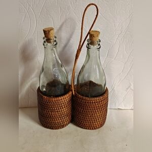 Weaved Wicker Rattan Bottle Holder W/Bottles Cork Thick Glass Vintage 60's